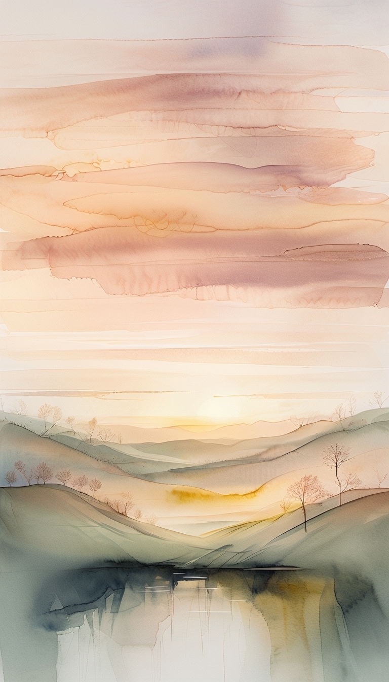 Serene Rolling Hills Sunset Landscape in Alcohol Ink Style Mobile Wallpaper