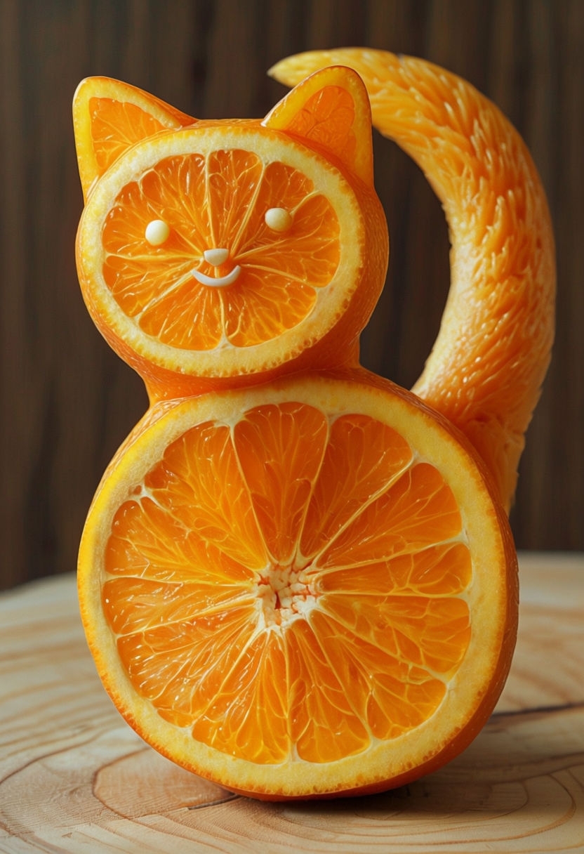 Creative Orange Fruit Slice Cat Sculpture Art