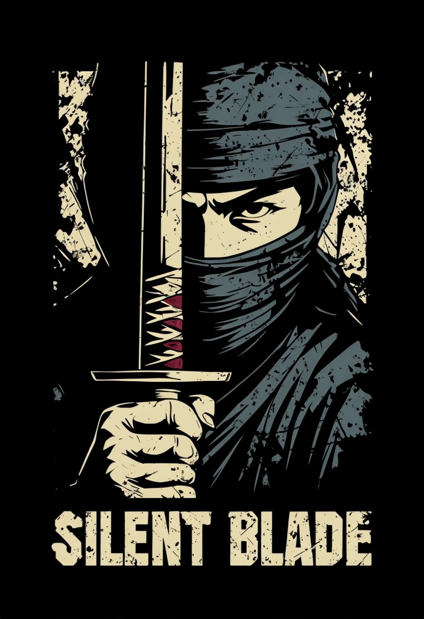Mysterious Ninja Portrait with Silent Blade Text T-Shirt