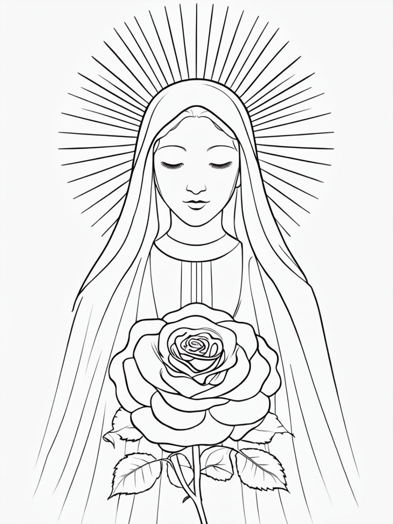 Serene Female Figure with Rose and Halo Black Line Art Coloring Page