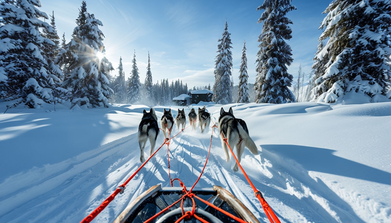 Adventurous Dog Sledding in Stunning Winter Landscape Background