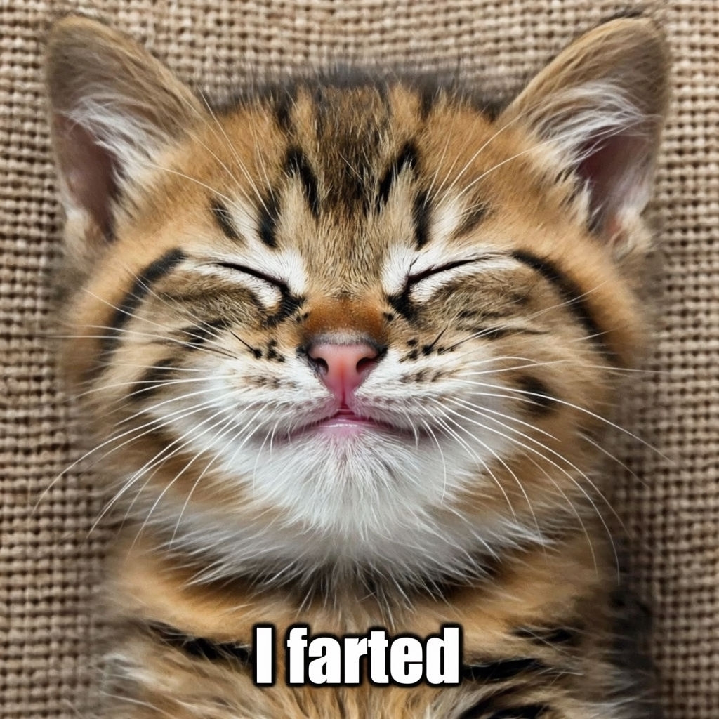 Adorable Kitten Smiling with Humorous 'I Farted' Text Meme