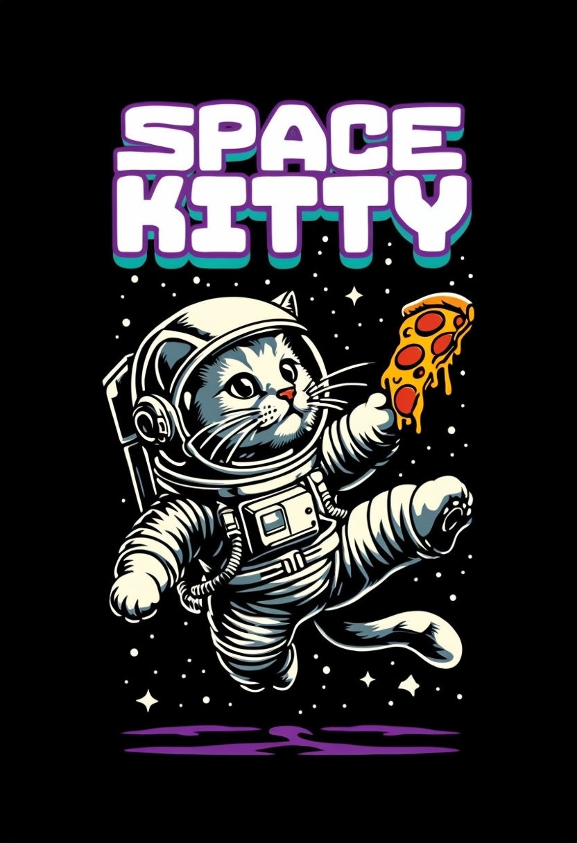 Retro Astronaut Cat in Space with Pizza T-Shirt