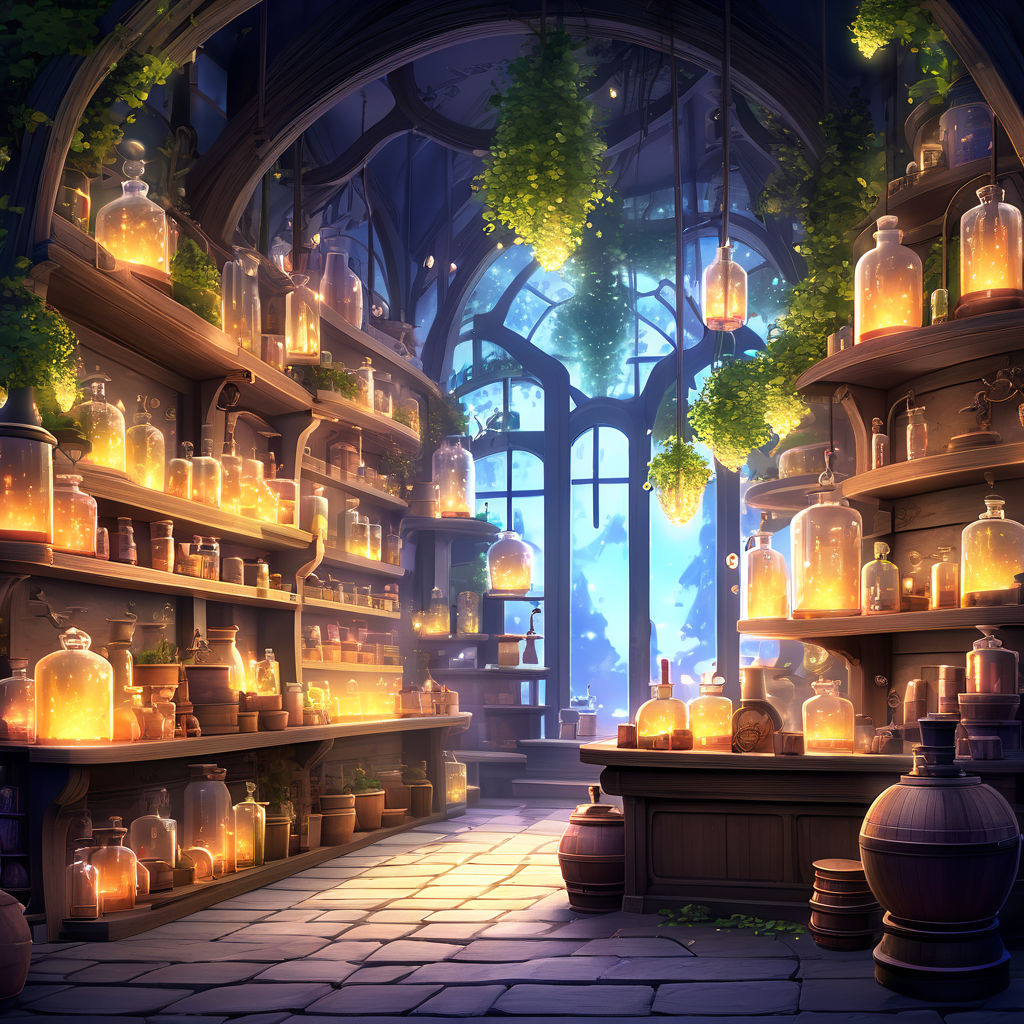 A fantastical merchant shop with fireflies and glowing potio... by ...