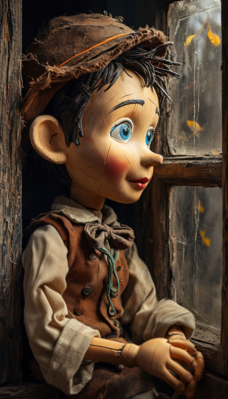 Melancholic Handcrafted Pinocchio Doll Close-Up Art Print