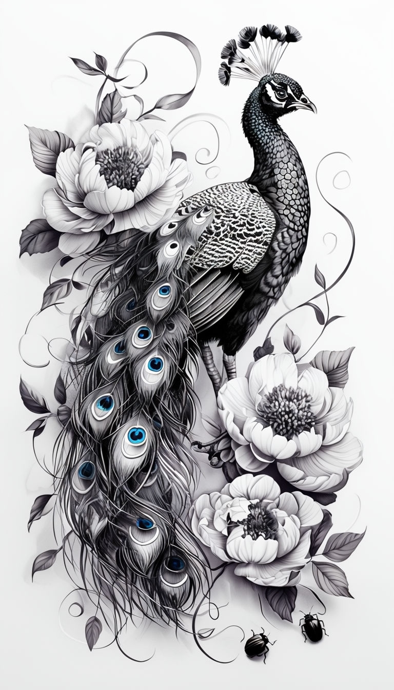 Elegant Black and White Peacock Among Intricate Flowers Artwork