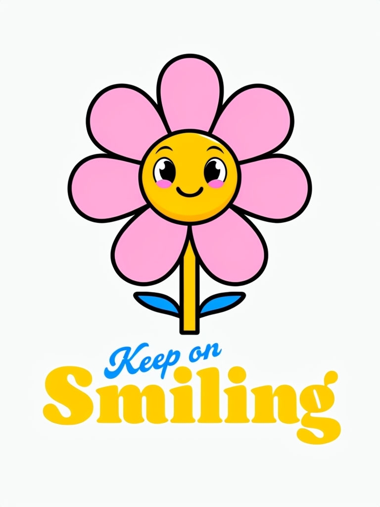 Cheerful Cartoon Flower with Keep on Smiling Text T-Shirt