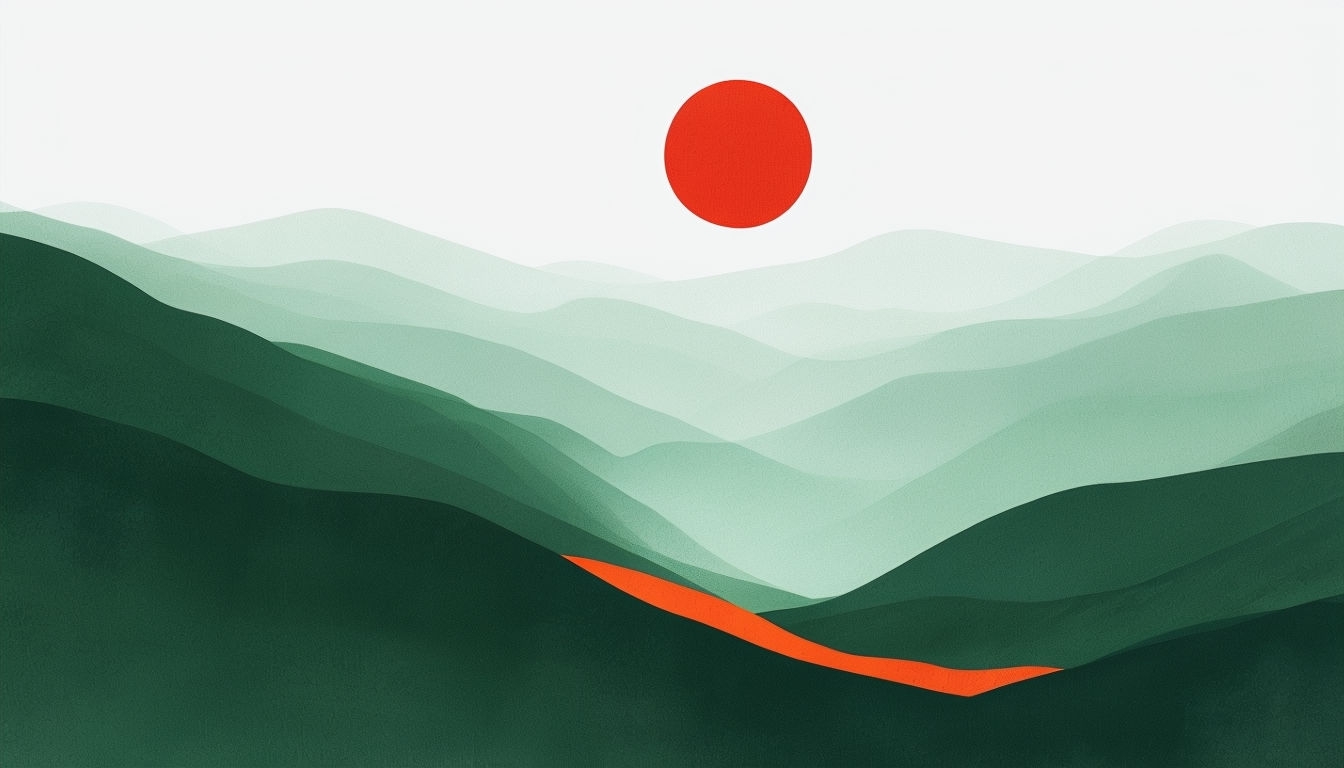 Minimalist Green Hills with Vibrant Red Sun Virtual Background