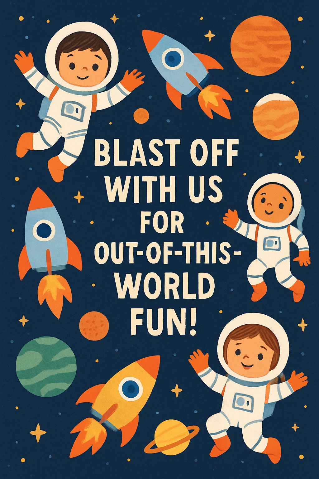 Cheerful Astronauts Blast Off Invitation Design for Kids' Party Cards & Invites