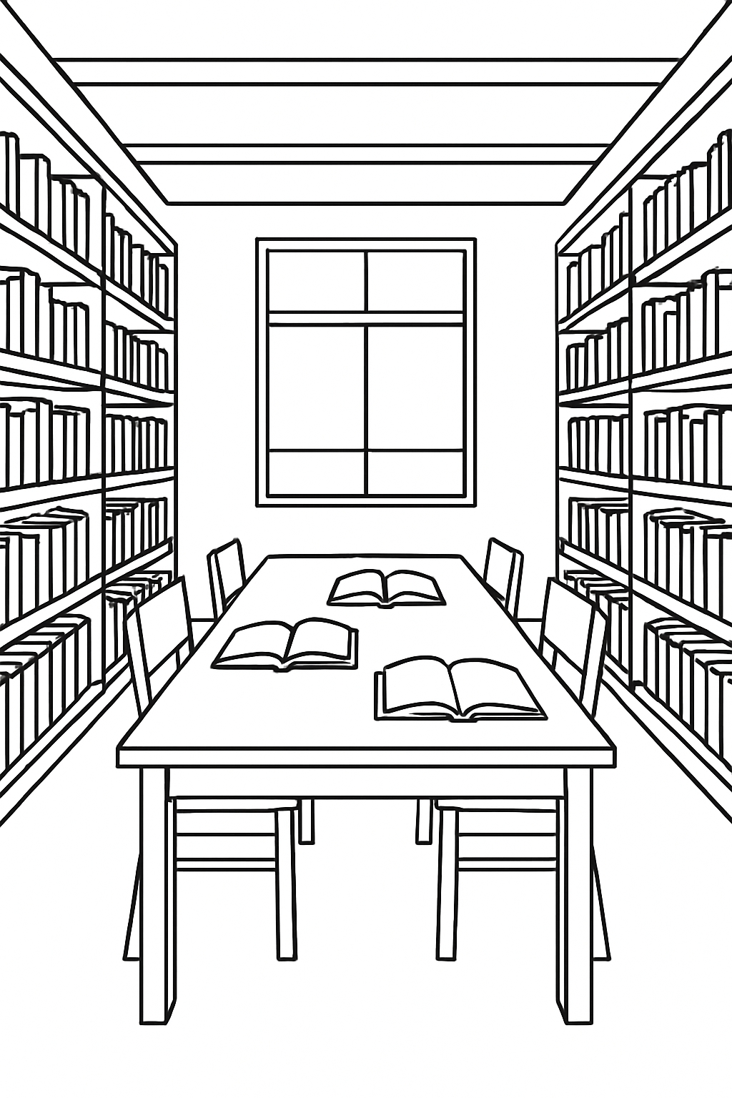 Minimalist Black and White Library Scene Coloring Page