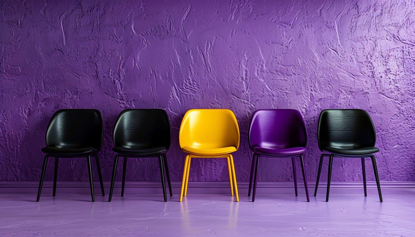 Vibrant Modern Chairs Against Purple Wall Virtual Background