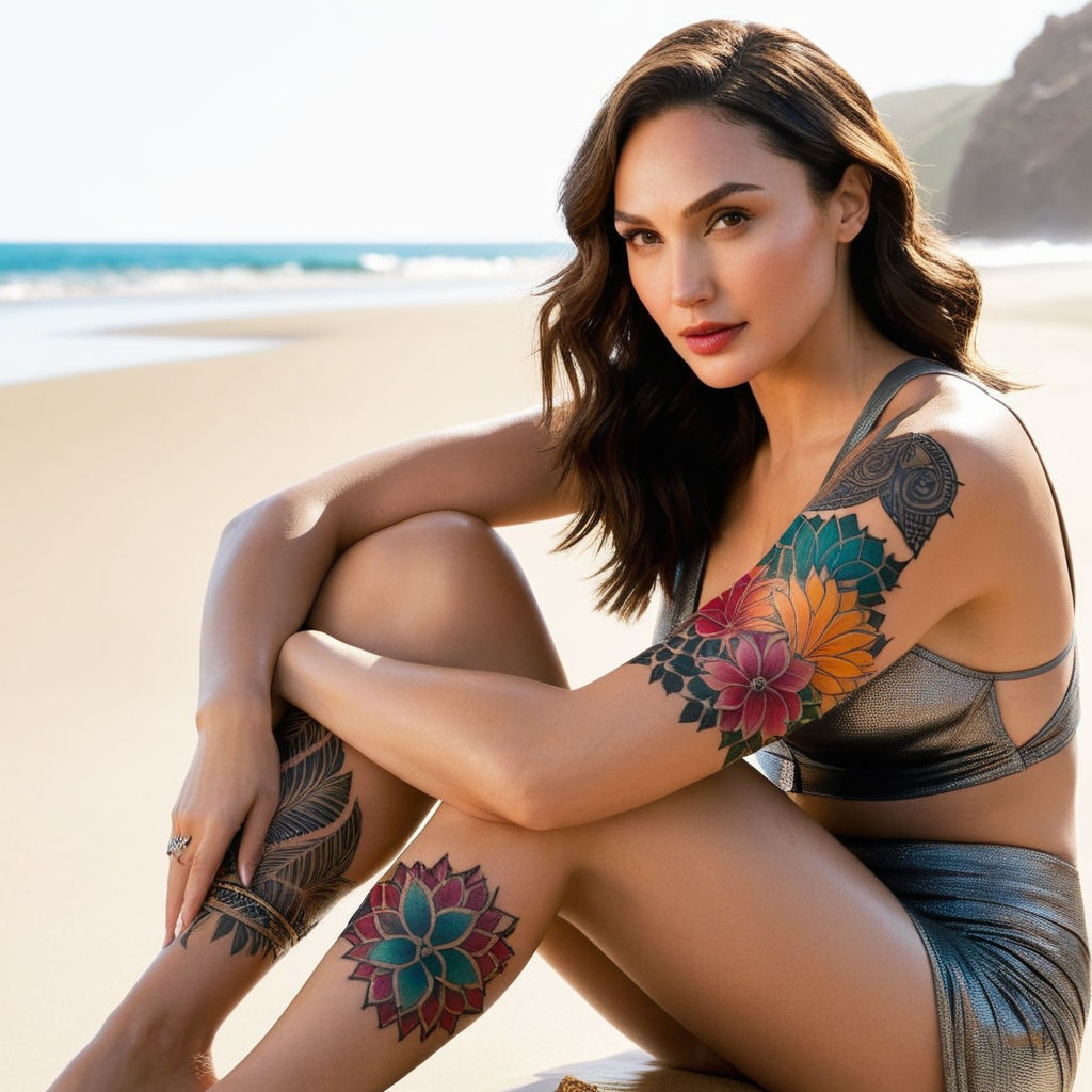 nude beach with Gal Gadot as a mermaid sitting on a nude beach  cleavage-displaying cutout