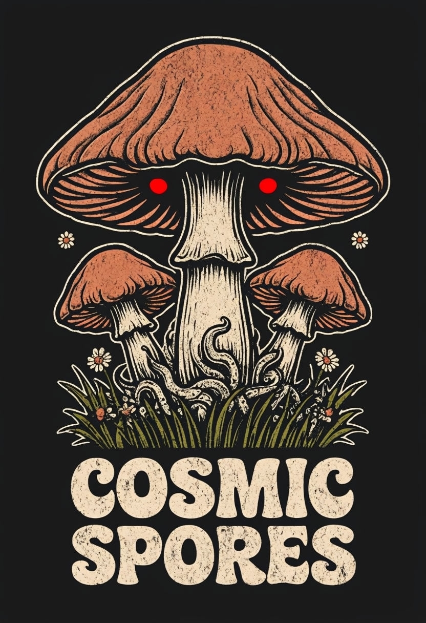 Cosmic Spores Whimsical Fungal Cluster Illustration T-Shirt
