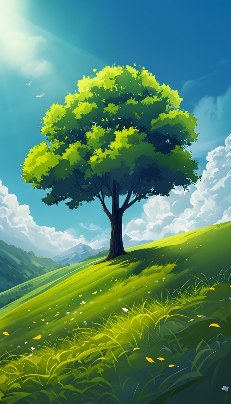 Serene Landscape with Large Tree and Bright Sky Mobile Wallpaper