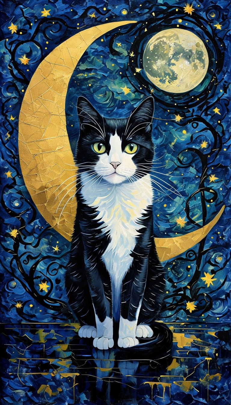 Whimsical Black-and-White Cat Under Crescent Moon Art