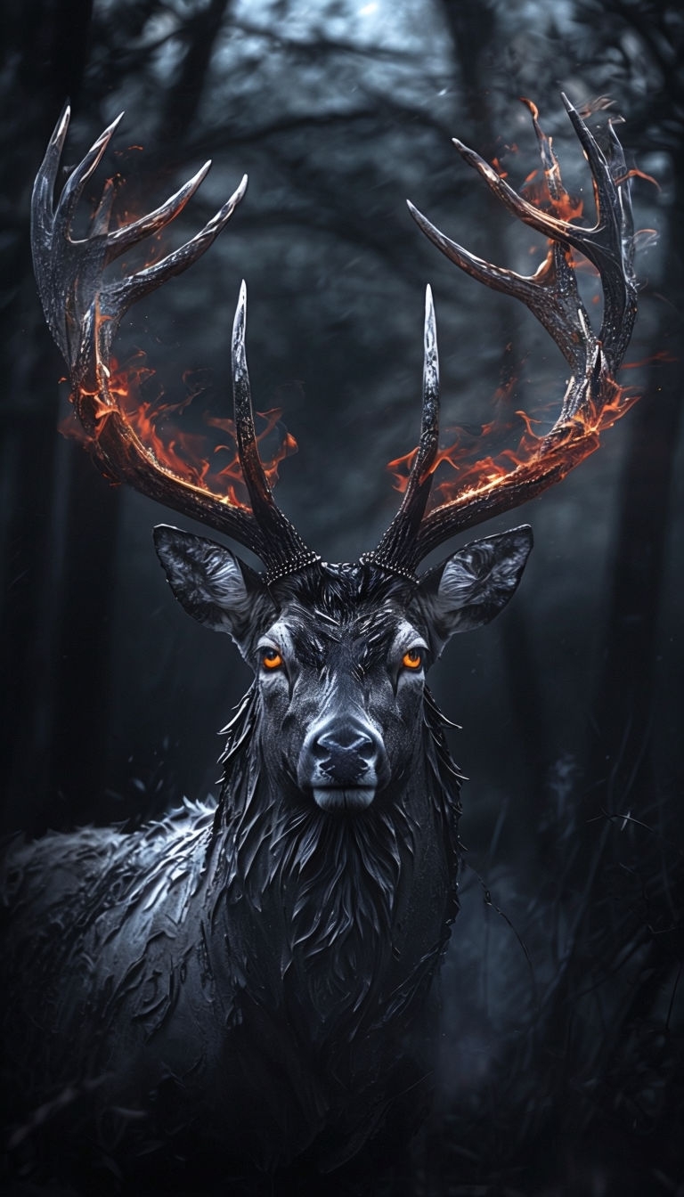Mystical Gray Deer with Fiery Antlers Digital Artwork Mobile Wallpaper