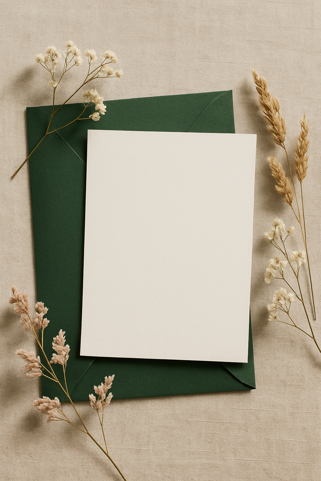 Minimalist Still Life with Green Envelope and Dried Botanicals Mockup