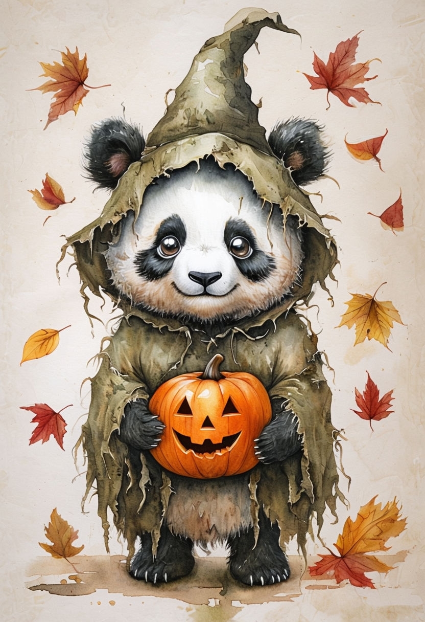 Whimsical Halloween Panda with Pumpkin Watercolor Art