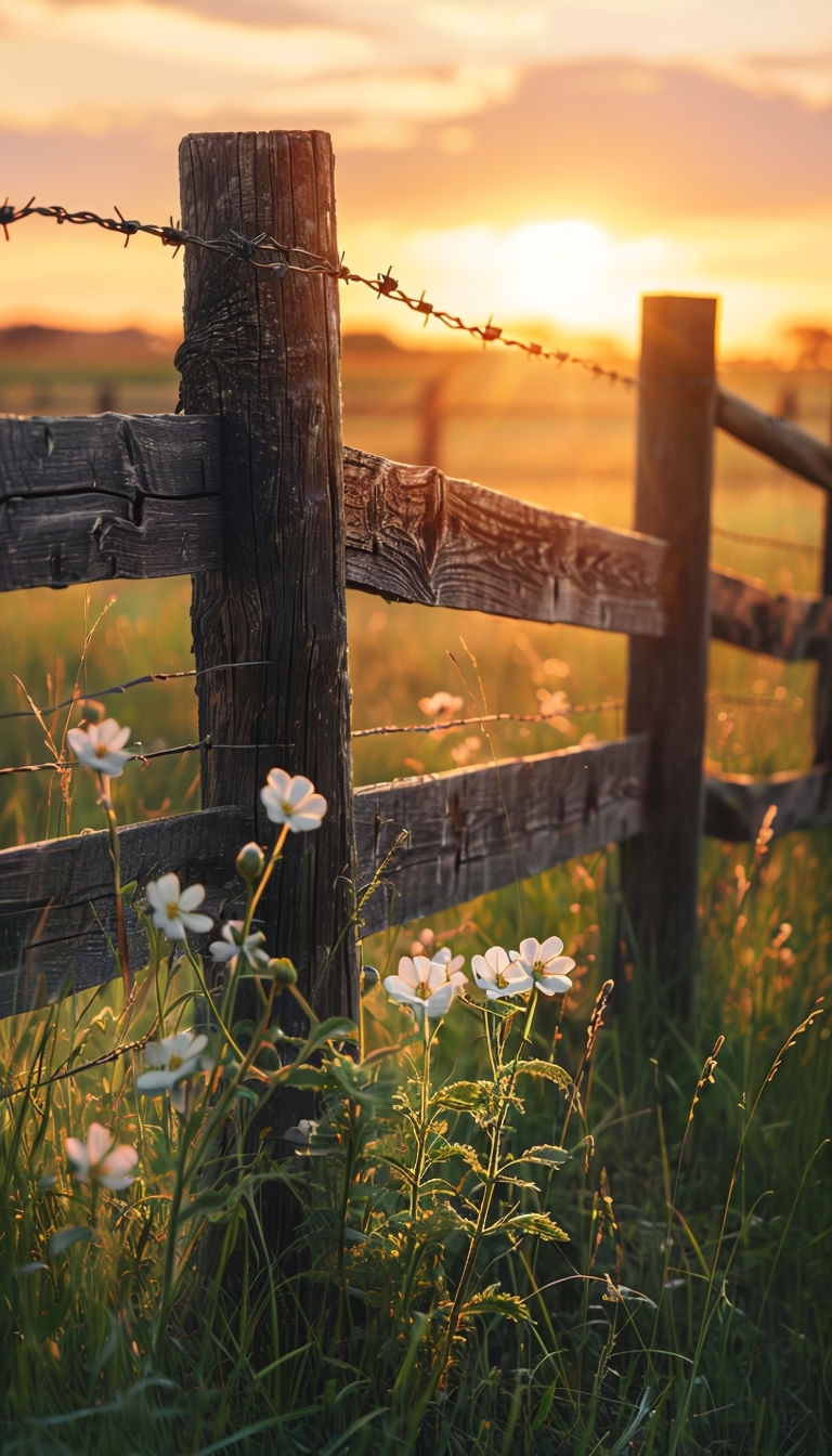 Rustic Wooden Fence at Sunset with Wildflowers Art