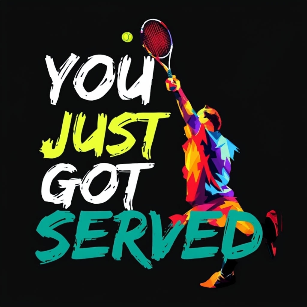 Vibrant Tennis Player Serving Ball with Motivational Text T-Shirt