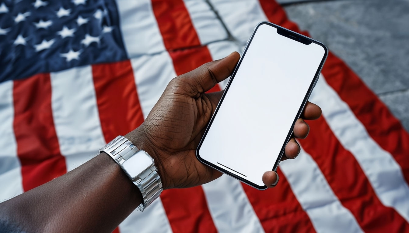 Patriotic Hand Holding Smartphone with American Flag Background Mockup