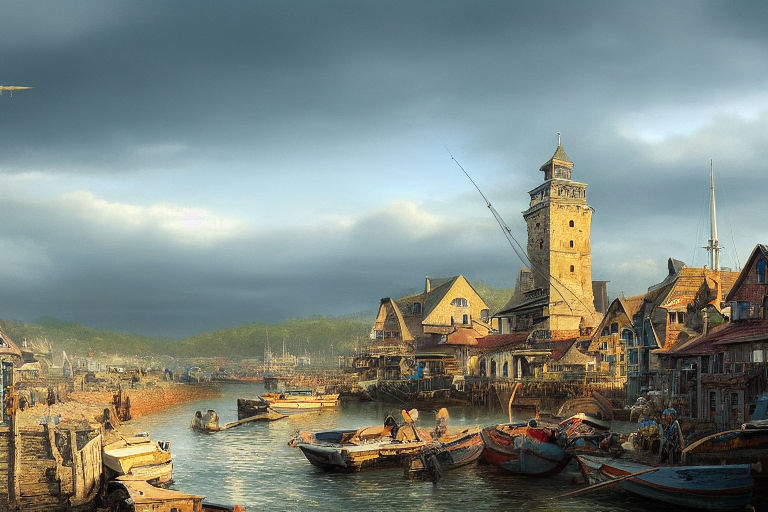 Stylized Fantasy Medieval Fishing Pier, Market Hut Stall, Boat and