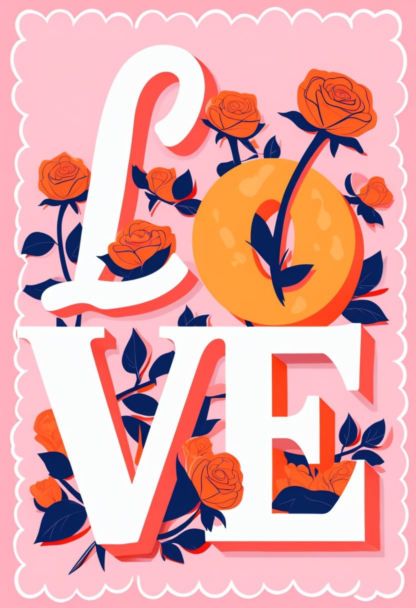 Playful 3D Love Text with Orange Roses Illustration Poster