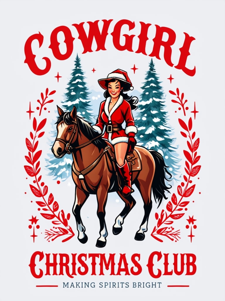 Vintage Cowgirl Santa Claus Christmas T-shirt Design