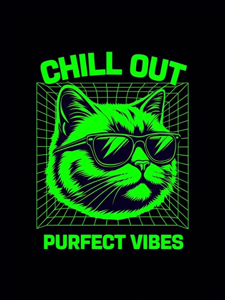 Cool Neon Cat Face with Chill Out and Purrfect Vibes T-shirt