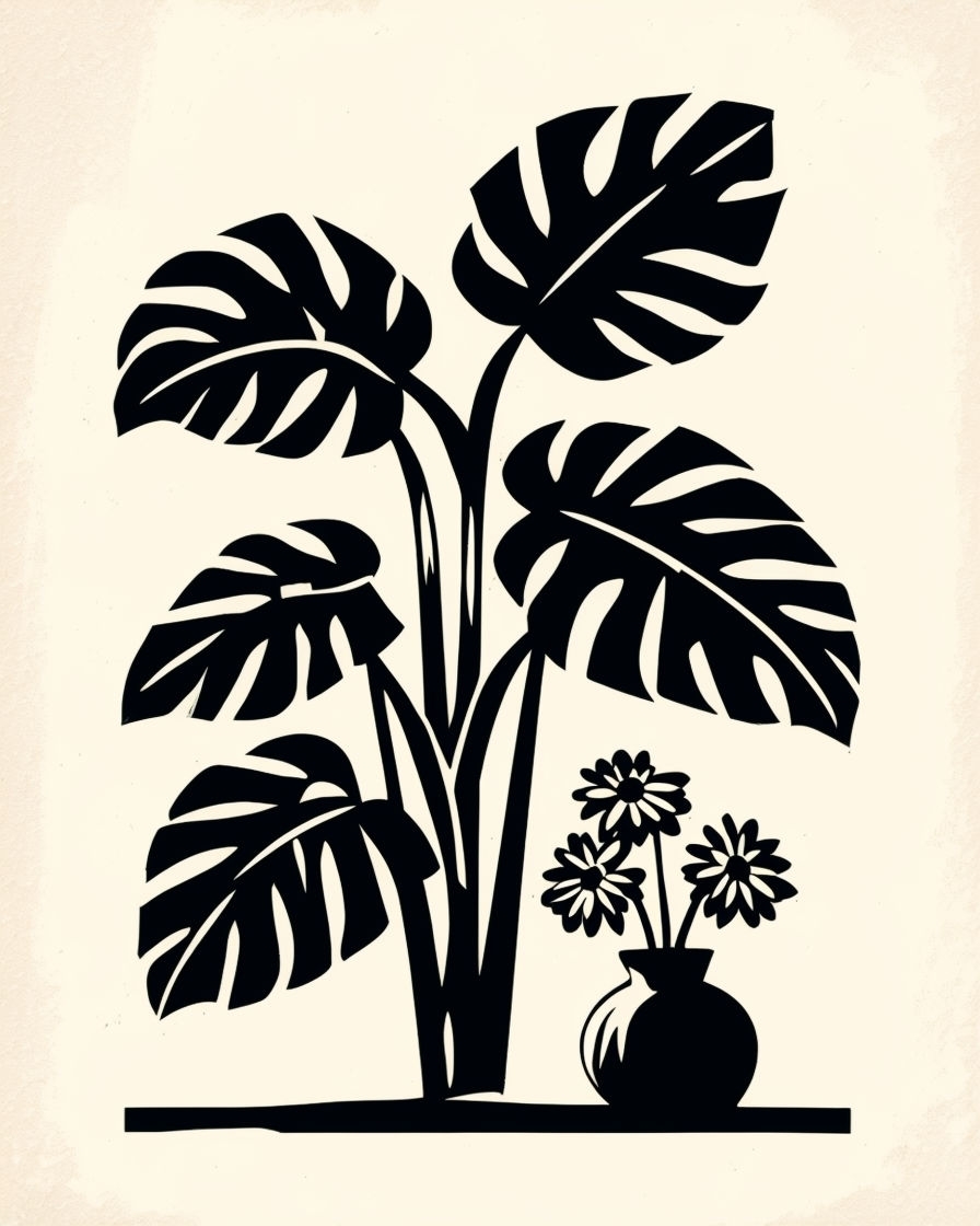 Bold Linocut Botanical Garden Art Print with Monstera and Daisies Art