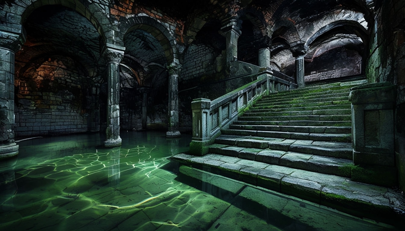 Eerie Underground Dungeon with Murky Water Virtual Background