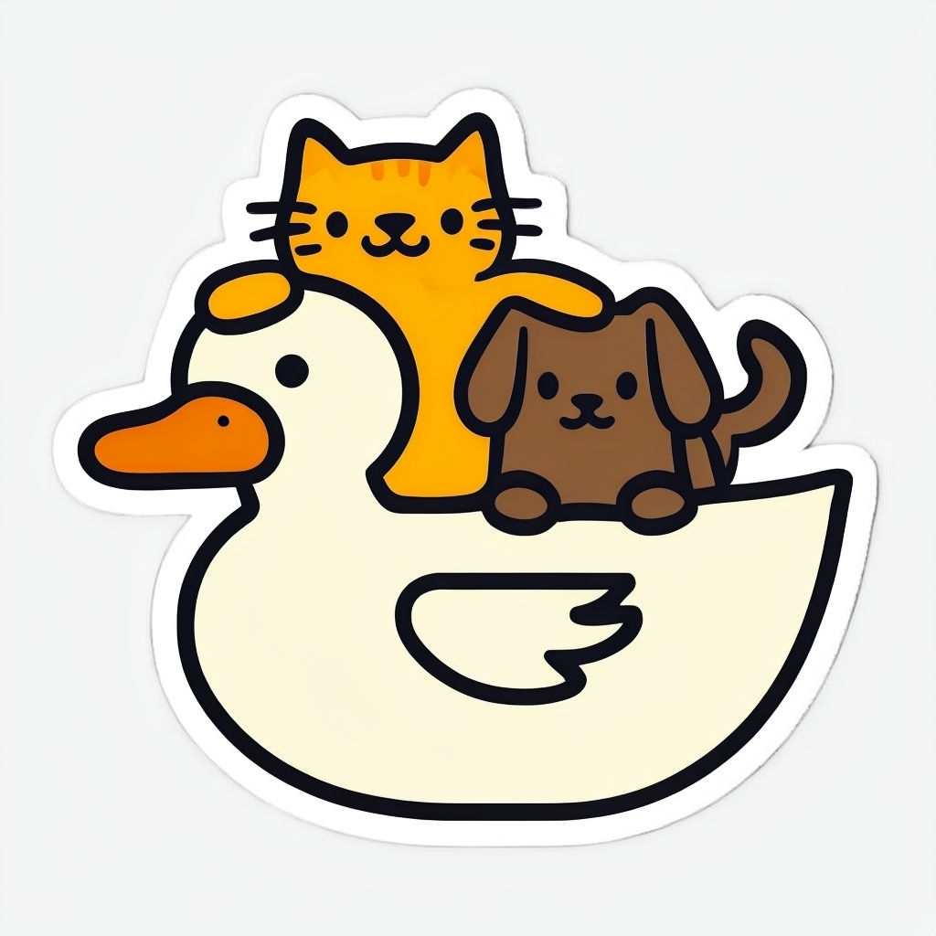 Playful Cartoon Duck with Cat and Dog Friends Sticker