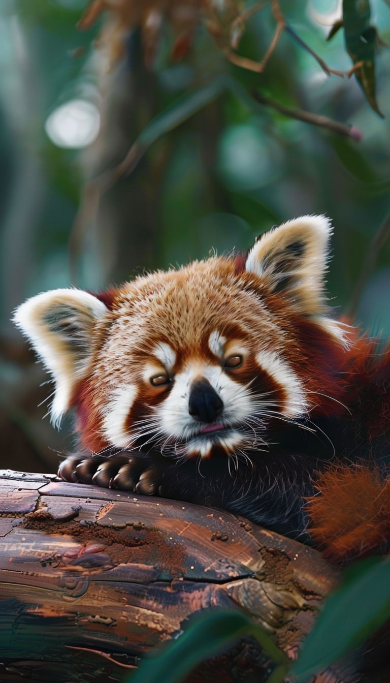 Sleepy Red Panda Resting on Log in Lush Jungle Mobile Wallpaper