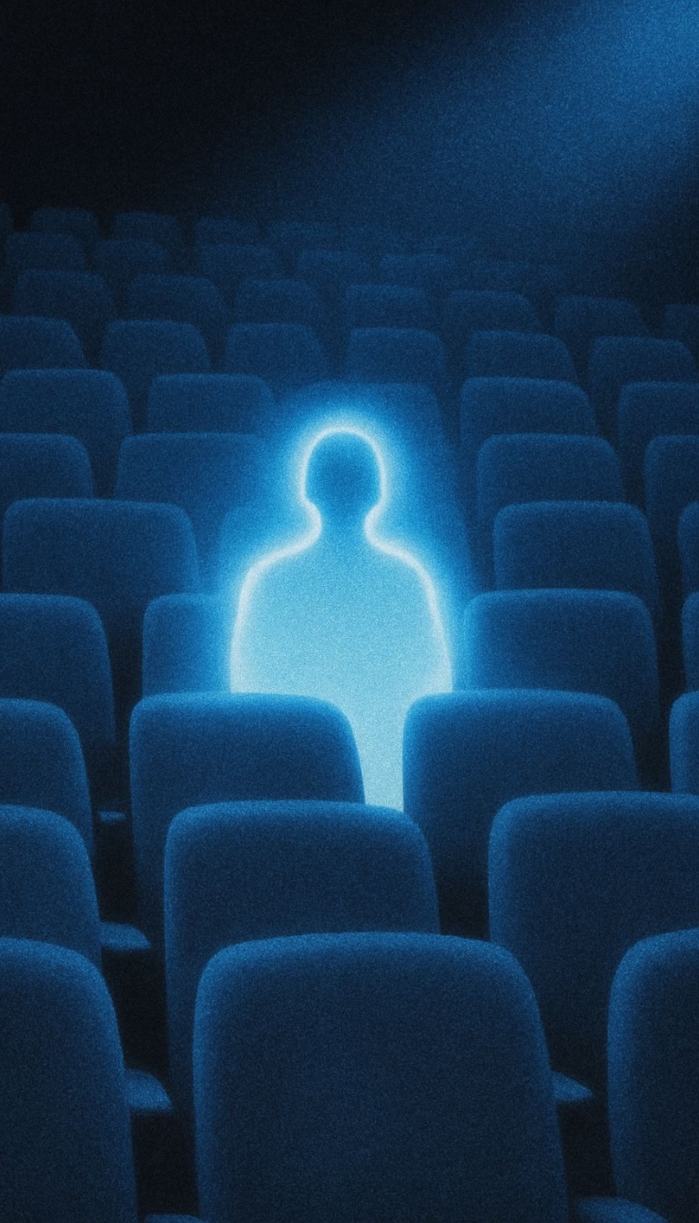 Ethereal Neon Blue Figure in Dark Cinema Scene Mobile Wallpaper