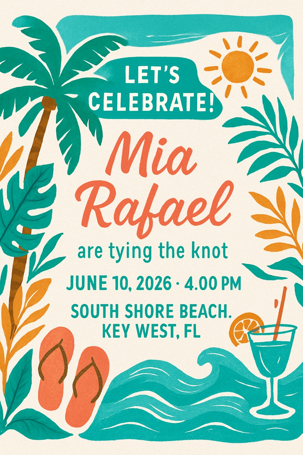 Tropical Beach Wedding Invitation with Vibrant Illustrations Card