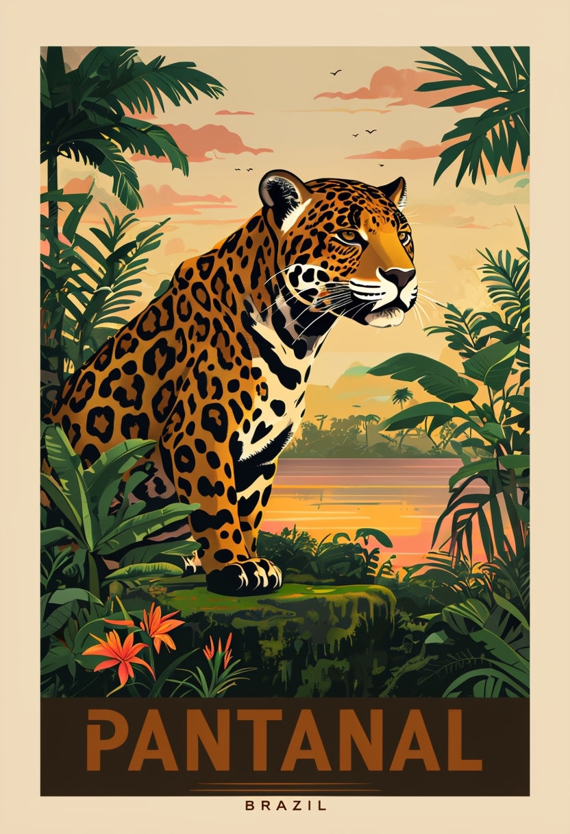 Vibrant Pantanal Brazil Wildlife Vintage Travel Poster