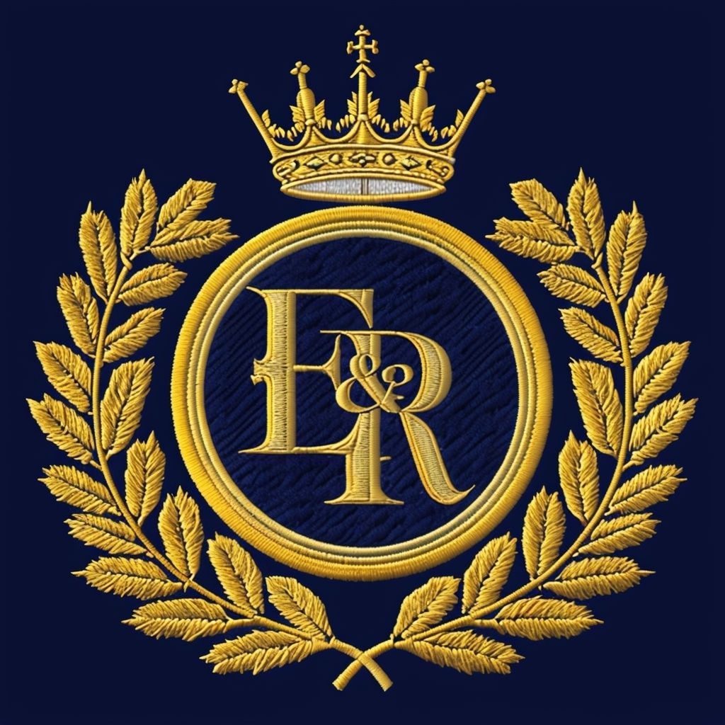 Elegant Gold and Navy Embroidered Crest with E & R Monogram Monogram