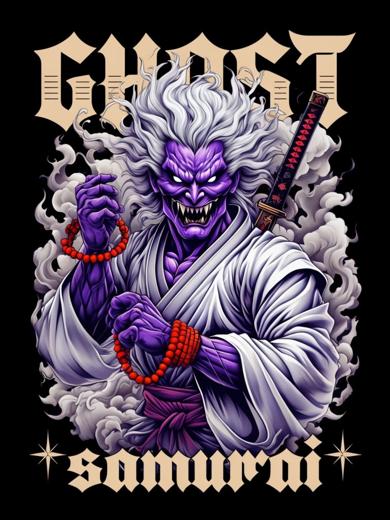 Ferocious Ghost Samurai with Katana and Gothic Text T-Shirt