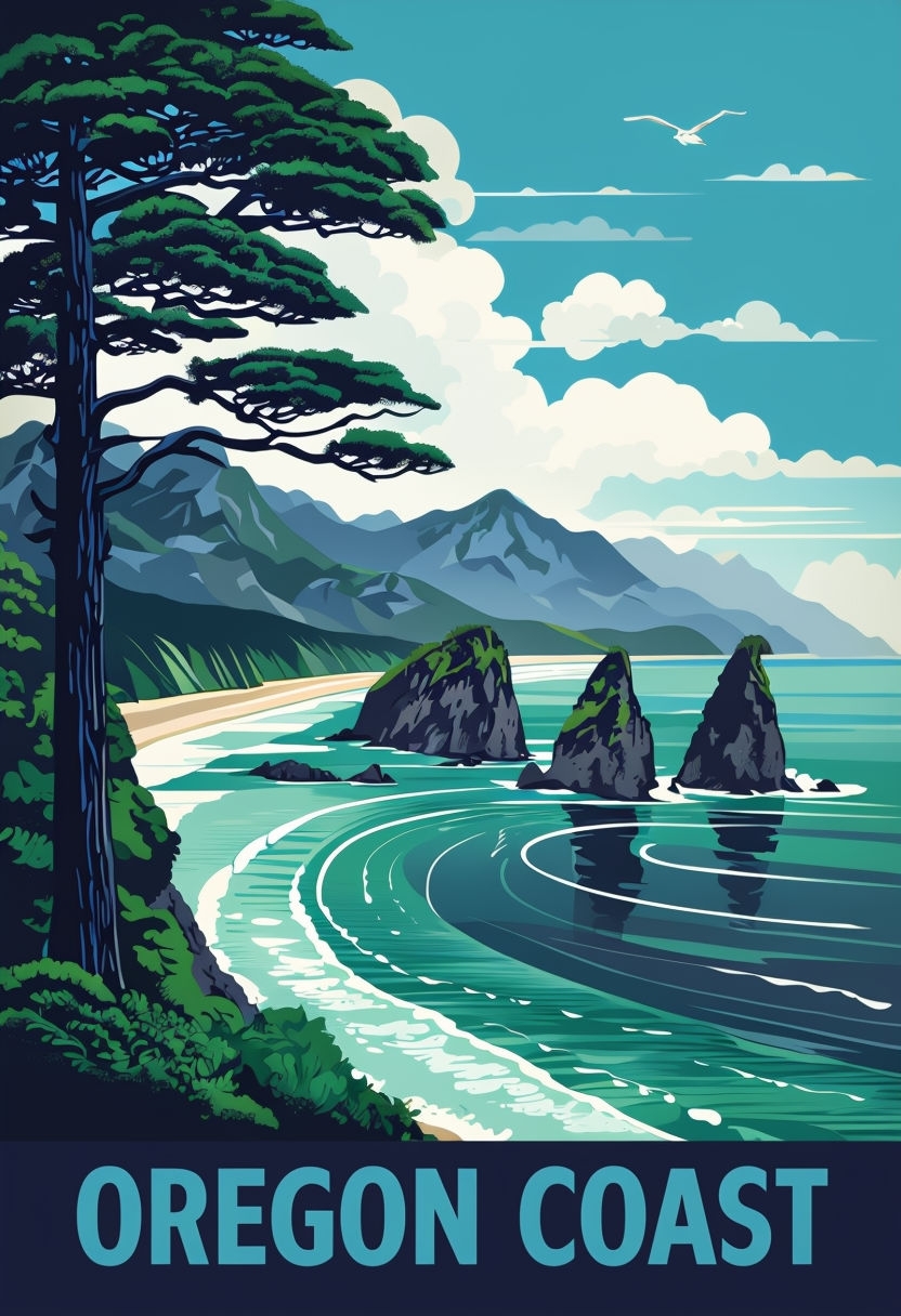 Art Deco Vintage Oregon Coast Travel Poster Illustration