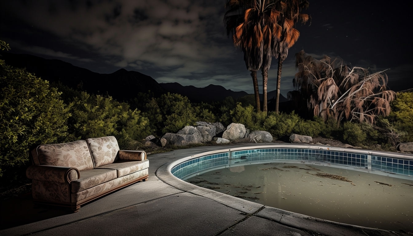 Eerie Nighttime Abandoned Outdoor Space with Sofa Virtual Background