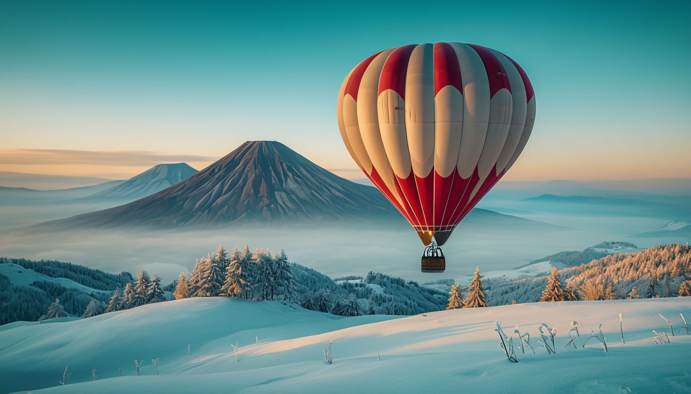 Serene Heart-Shaped Hot Air Balloon Winter Landscape Background