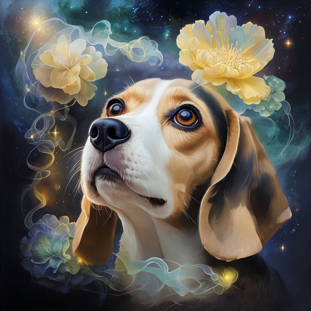 Enchanting Beagle Surrounded by Ethereal Flowers Digital Art Poster