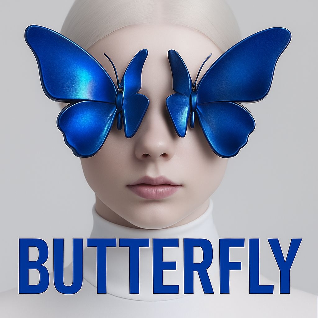 Surreal Butterfly Mask Portrait with Modern Aesthetic Album Cover