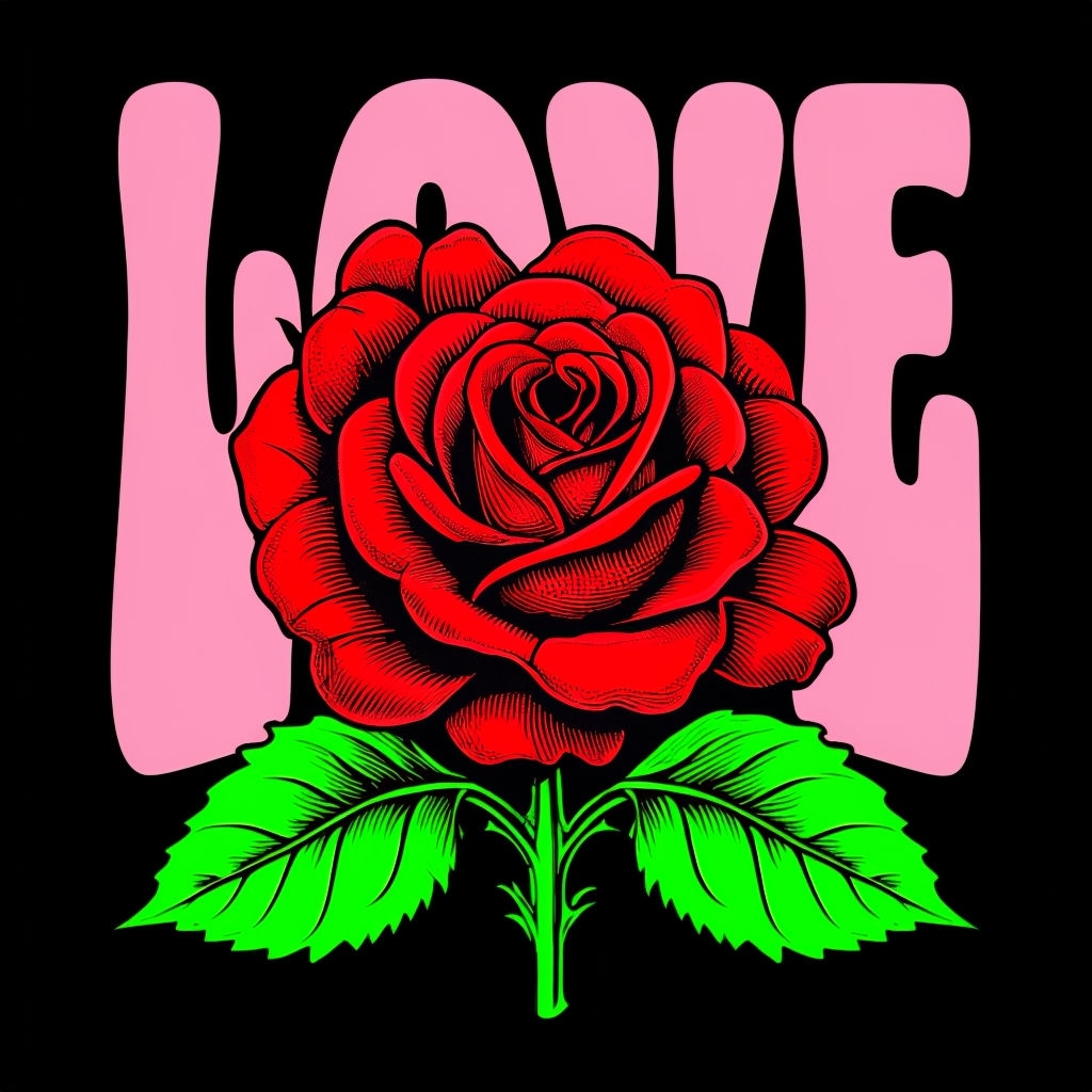 Vivid Red Rose with Love Typography Design T-Shirt