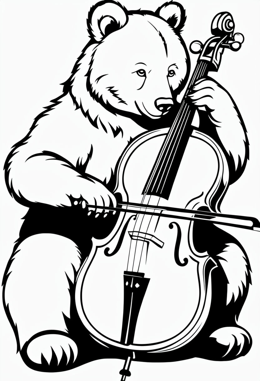 Cartoon Bear Playing Cello Line Art for Coloring Book Pages