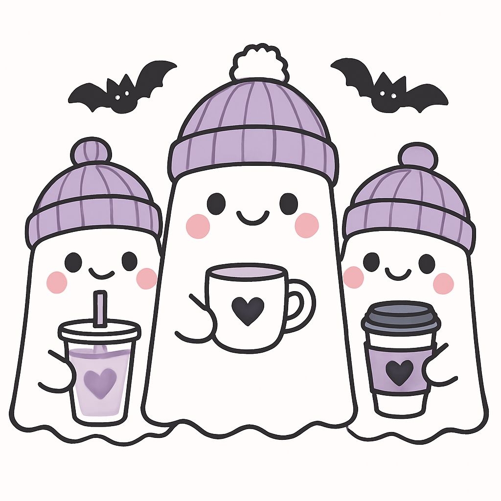Kawaii Cartoon Ghosts with Beanies and Drinks Halloween Sticker