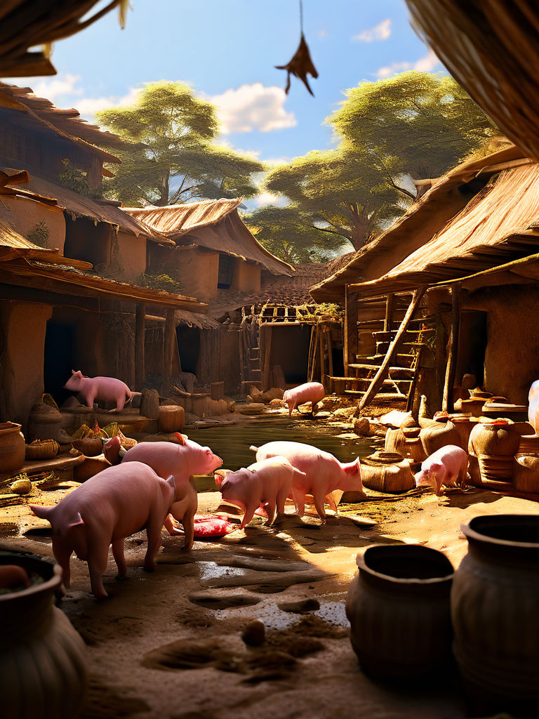 There is a pig village inside the large oriental jar by 조유 - Playground