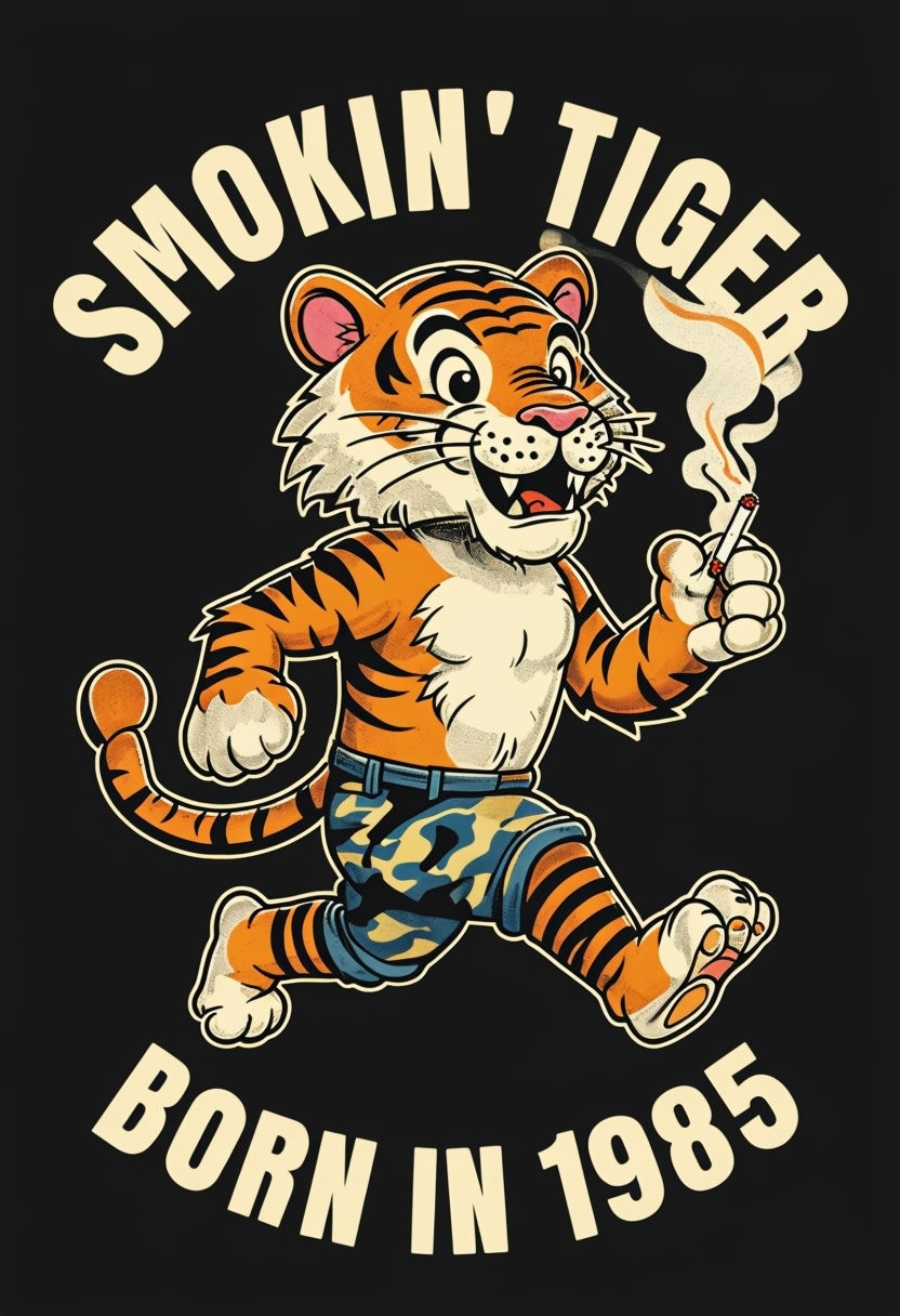 Playful Retro Smokin' Tiger Illustration T-shirt