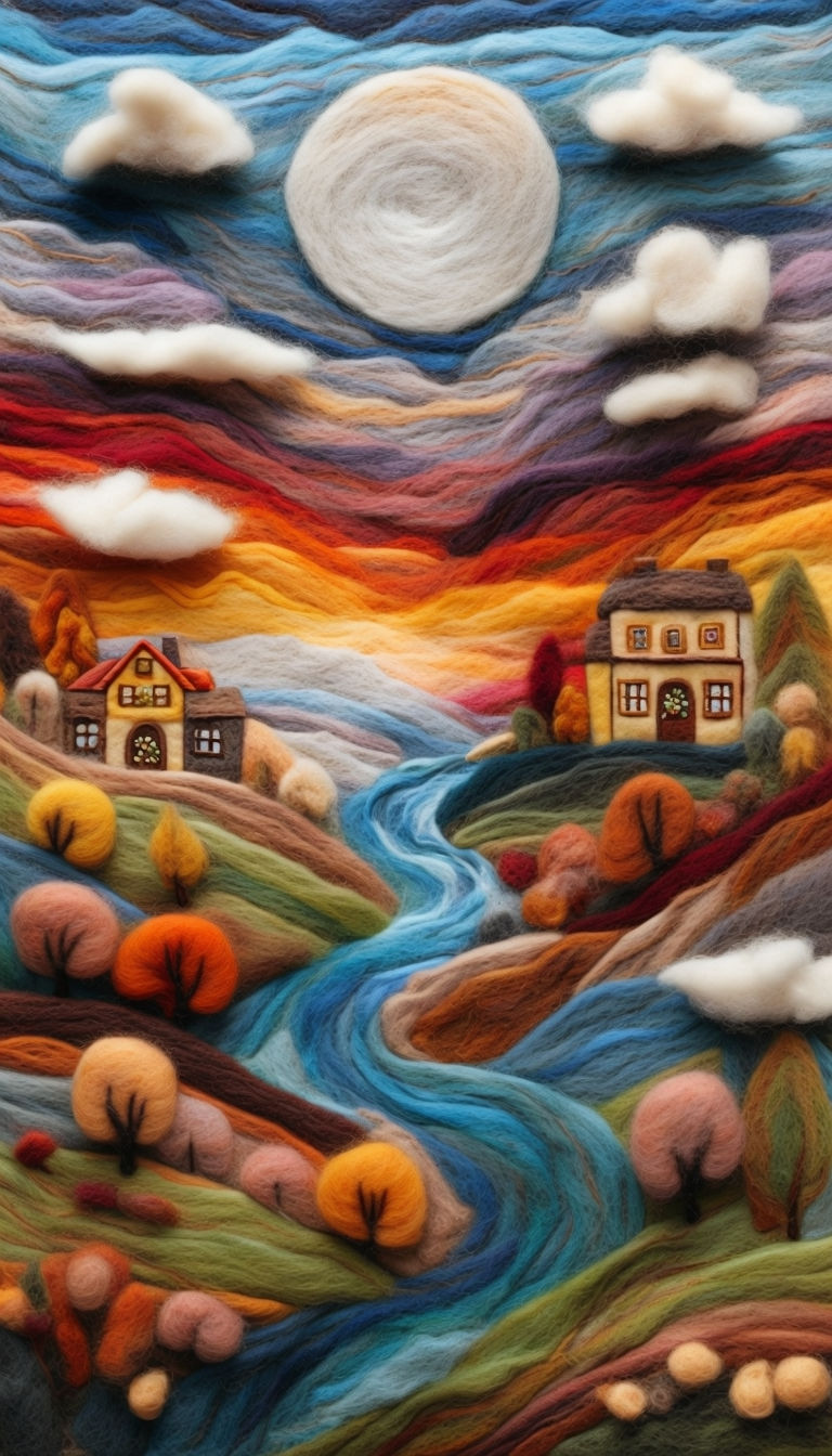 Vibrant Needle-Felted Countryside Landscape Art Piece