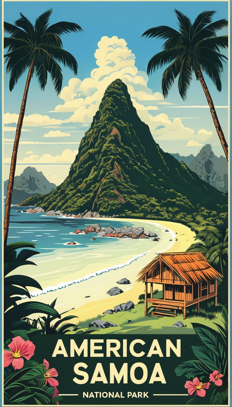 Vintage Tropical Beach Scene Poster for American Samoa National Park